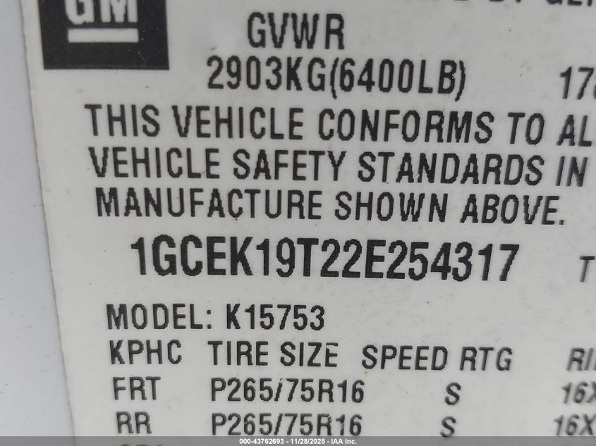 2002 Chevrolet Silverado 1500 Lt VIN: 1GCEK19T22E254317 Lot: 43762693