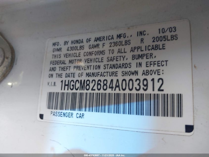 2004 Honda Accord 3.0 Ex VIN: 1HGCM82684A003912 Lot: 43762697