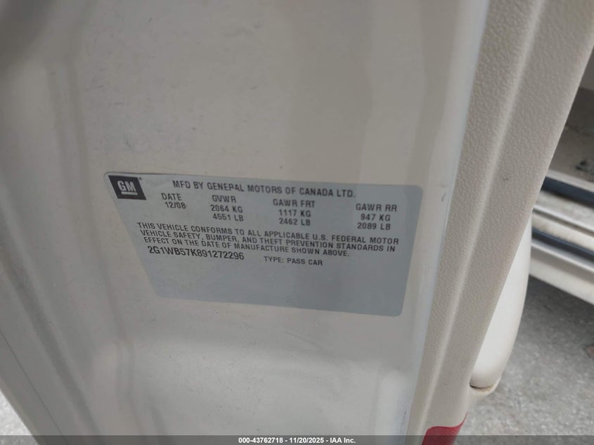 2009 Chevrolet Impala Ls VIN: 2G1WB57K891272296 Lot: 43762718