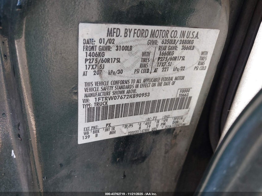 2002 Ford F-150 Lariat/Xlt VIN: 1FTRW07672KB90953 Lot: 43762719
