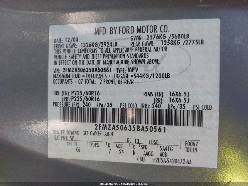 2005 Ford Freestar S VIN: 2FMZA50635BA50561 Lot: 43762722