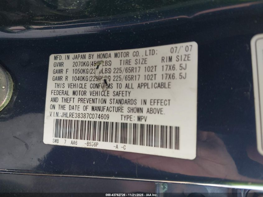 2007 Honda Cr-V Lx VIN: JHLRE38387C074609 Lot: 43762726