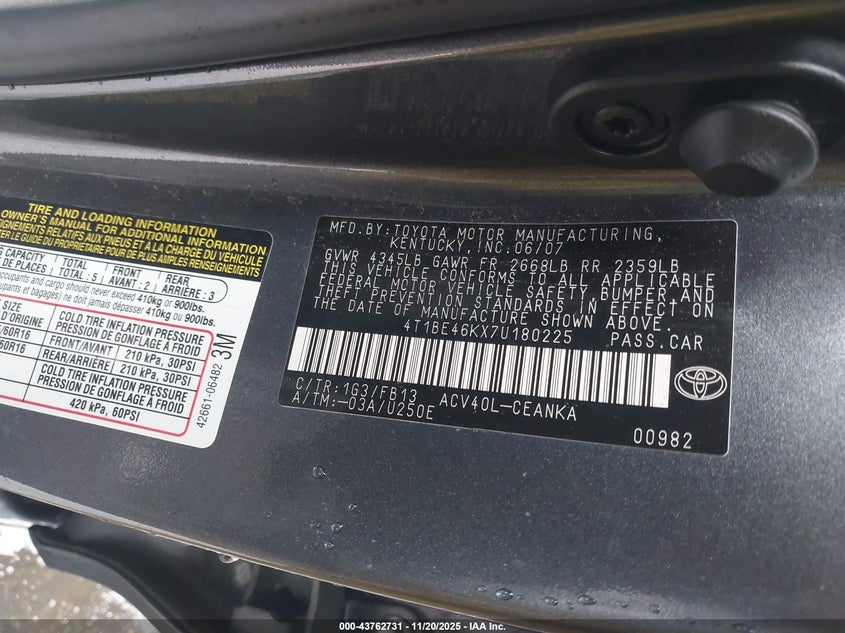 4T1BE46KX7U180225 2007 TOYOTA CAMRY photo no. 9
