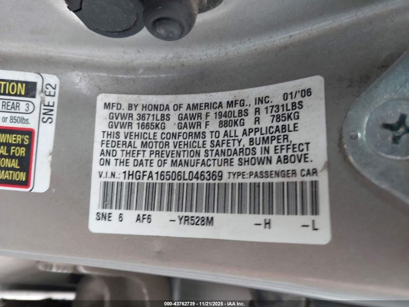 2006 Honda Civic Lx VIN: 1HGFA16506L046369 Lot: 43762739