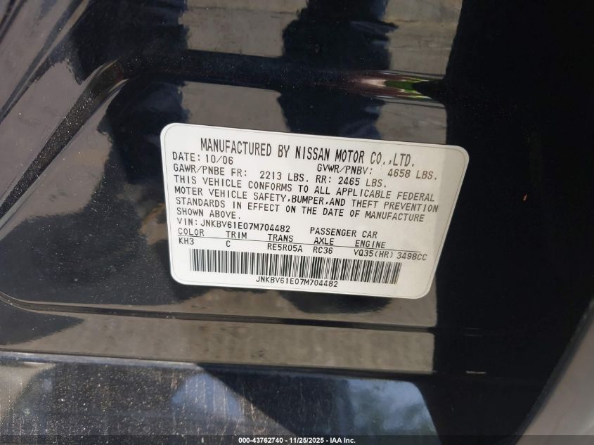 2007 Infiniti G35 Journey VIN: JNKBV61E07M704482 Lot: 43762740