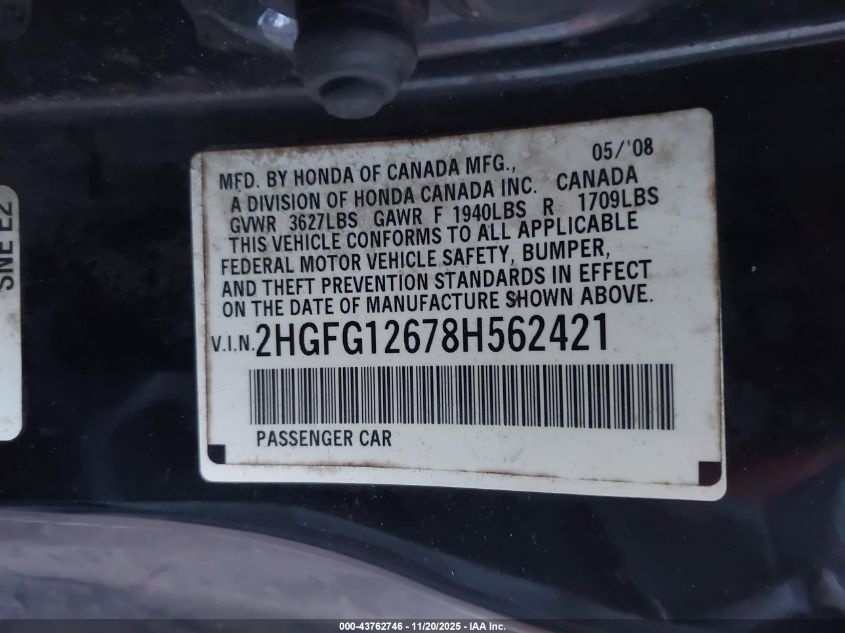 2008 Honda Civic Lx VIN: 2HGFG12678H562421 Lot: 43762746