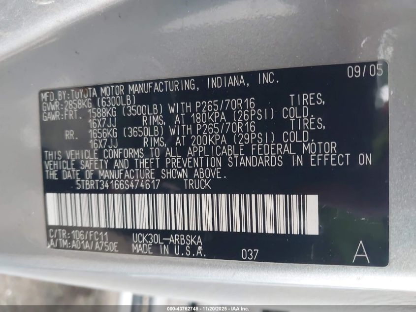 2006 Toyota Tundra Sr5 V8 VIN: 5TBRT34166S474617 Lot: 43762748