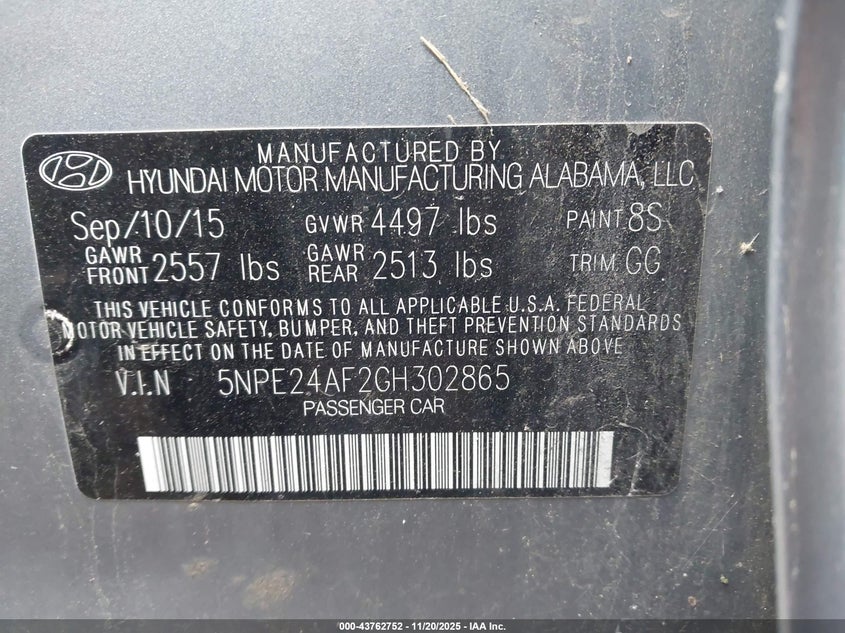 5NPE24AF2GH302865 2016 HYUNDAI SONATA photo no. 8