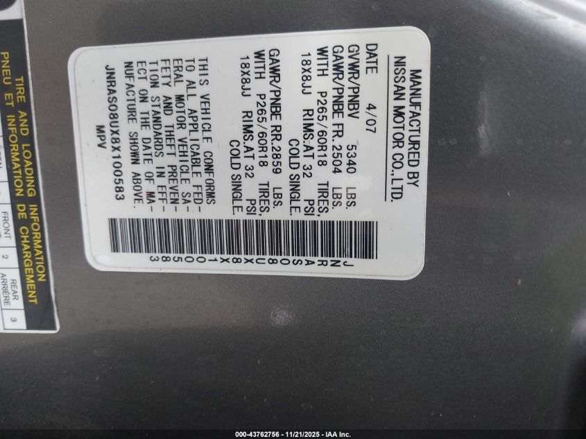 2008 Infiniti Fx35 VIN: JNRAS08UX8X100583 Lot: 43762756