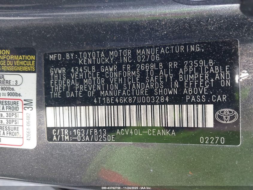 2007 Toyota Camry Le VIN: 4T1BE46K87U003284 Lot: 43762758