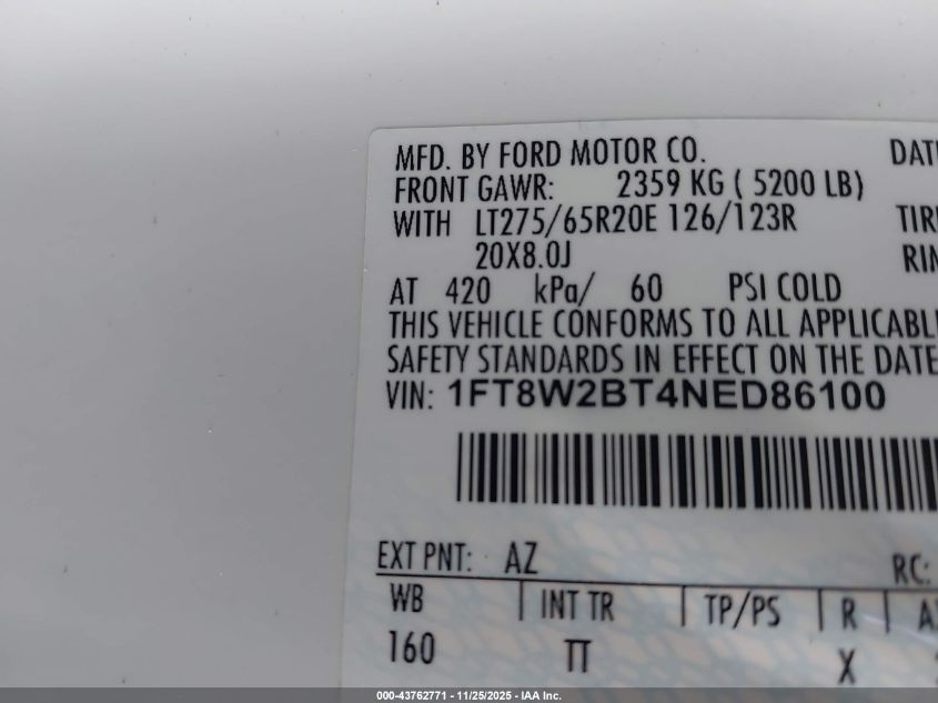 2022 Ford F-250 Limited VIN: 1FT8W2BT4NED86100 Lot: 43762771