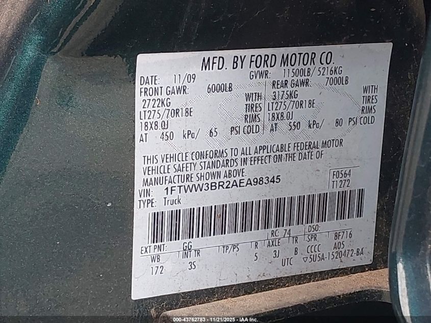 2010 Ford F-350 Cabela's/Harley-Davidson/King Ranch/Lariat/Xl/Xlt VIN: 1FTWW3BR2AEA98345 Lot: 43762783