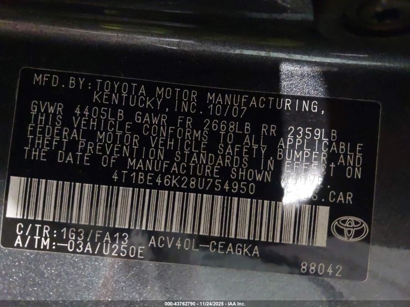 2008 Toyota Camry Xle VIN: 4T1BE46K28U754950 Lot: 43762790