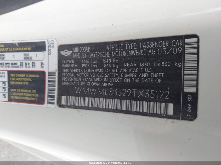 2009 Mini Cooper Clubman VIN: WMWML33529TX35122 Lot: 43762814