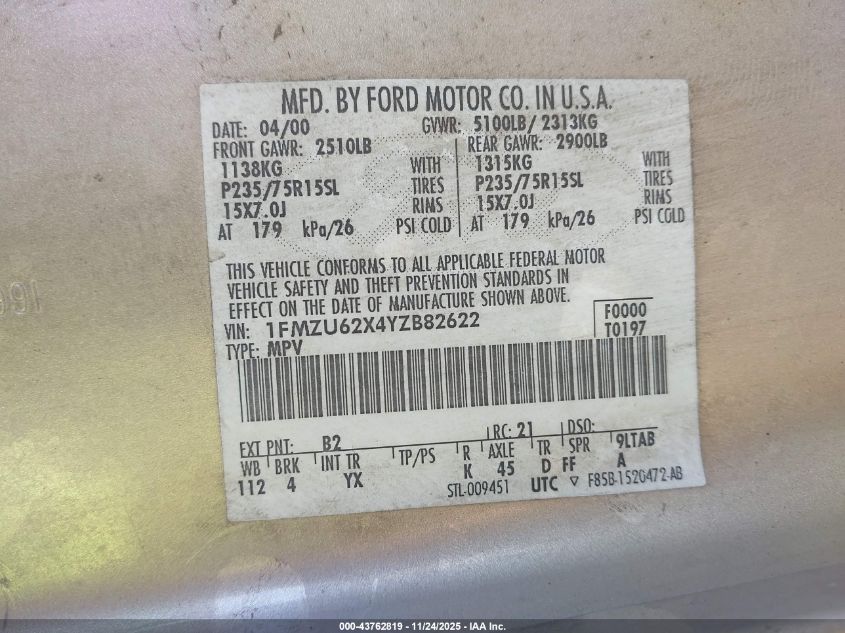 2000 Ford Explorer Xls VIN: 1FMZU62X4YZB82622 Lot: 43762819