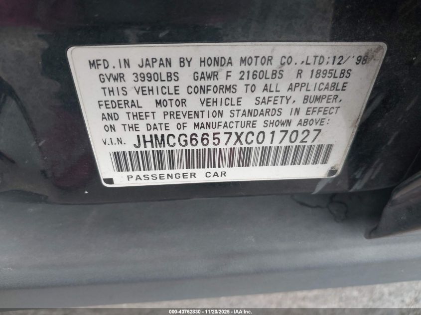 1999 Honda Accord Lx VIN: JHMCG6657XC017027 Lot: 43762830