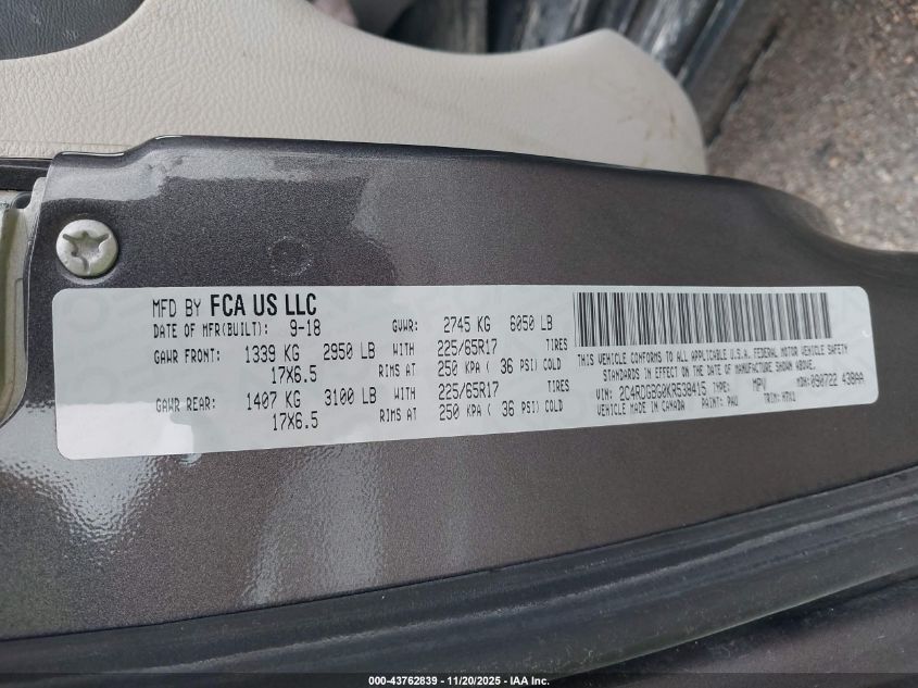 2019 Dodge Grand Caravan Se VIN: 2C4RDGBG0KR538415 Lot: 43762839