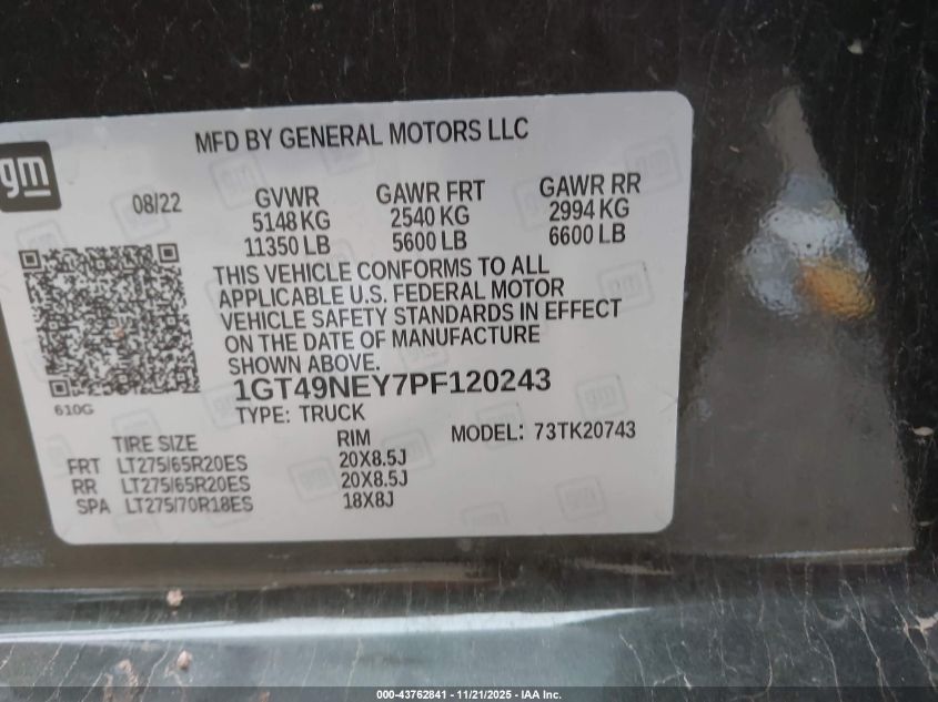 2023 GMC Sierra 2500Hd 4Wd Standard Bed Slt VIN: 1GT49NEY7PF120243 Lot: 43762841