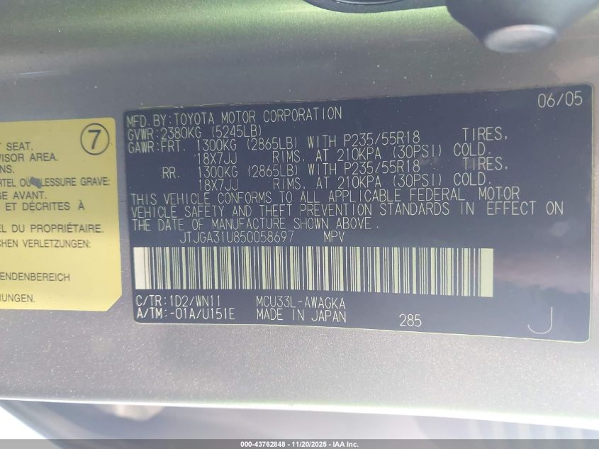 2005 Lexus Rx 330 VIN: JTJGA31U850058697 Lot: 43762848