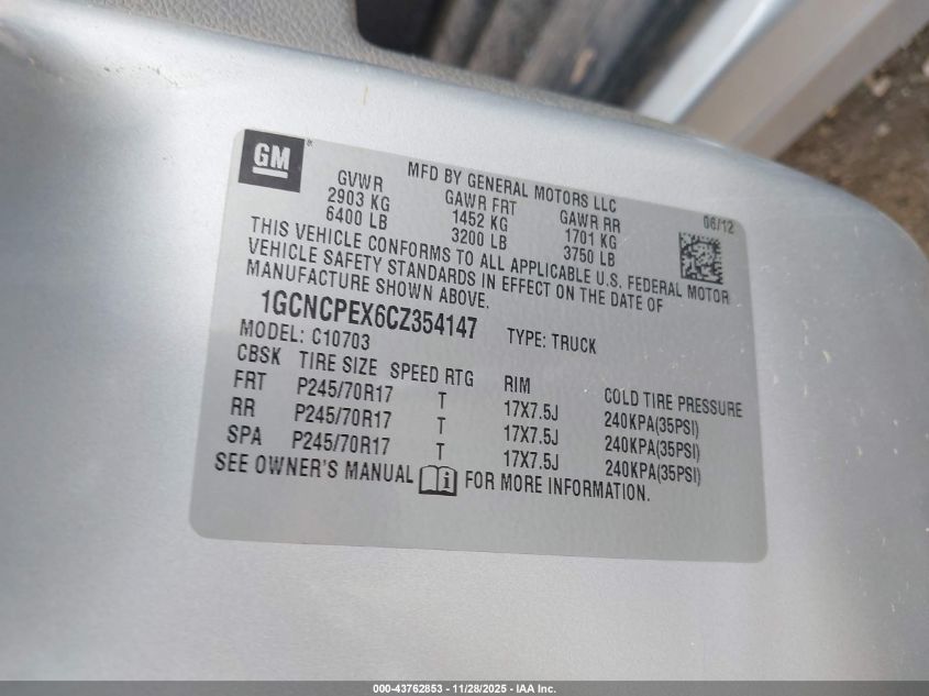 2012 Chevrolet Silverado 1500 Work Truck VIN: 1GCNCPEX6CZ354147 Lot: 43762853
