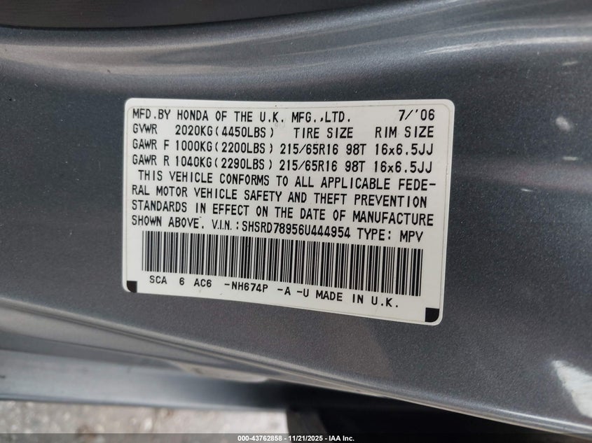 SHSRD78956U444954 2006 HONDA CR-V photo no. 9