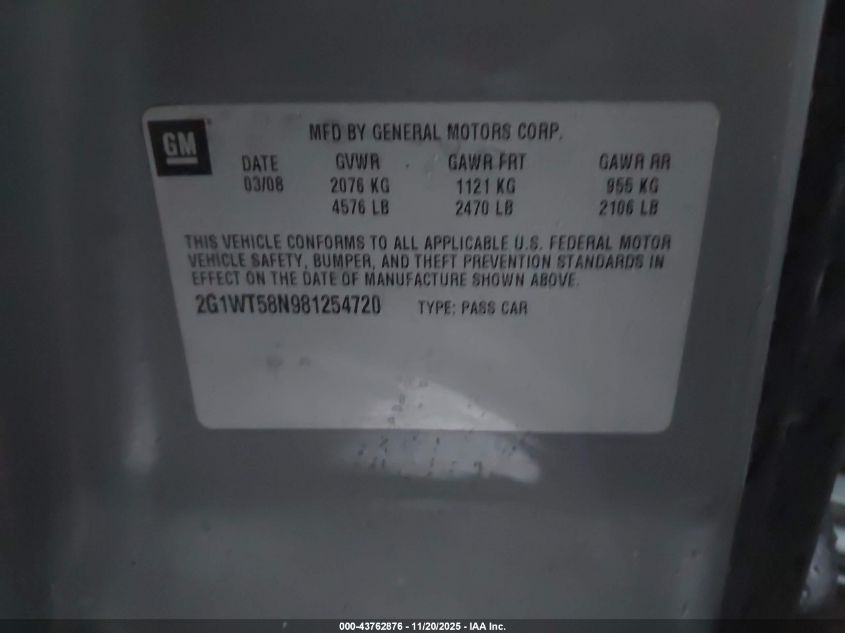 2008 Chevrolet Impala Lt VIN: 2G1WT58N981254720 Lot: 43762876