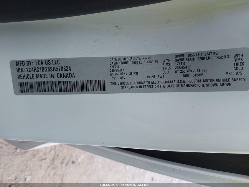 2025 Chrysler Pacifica Select VIN: 2C4RC1BG8SR578824 Lot: 43762877