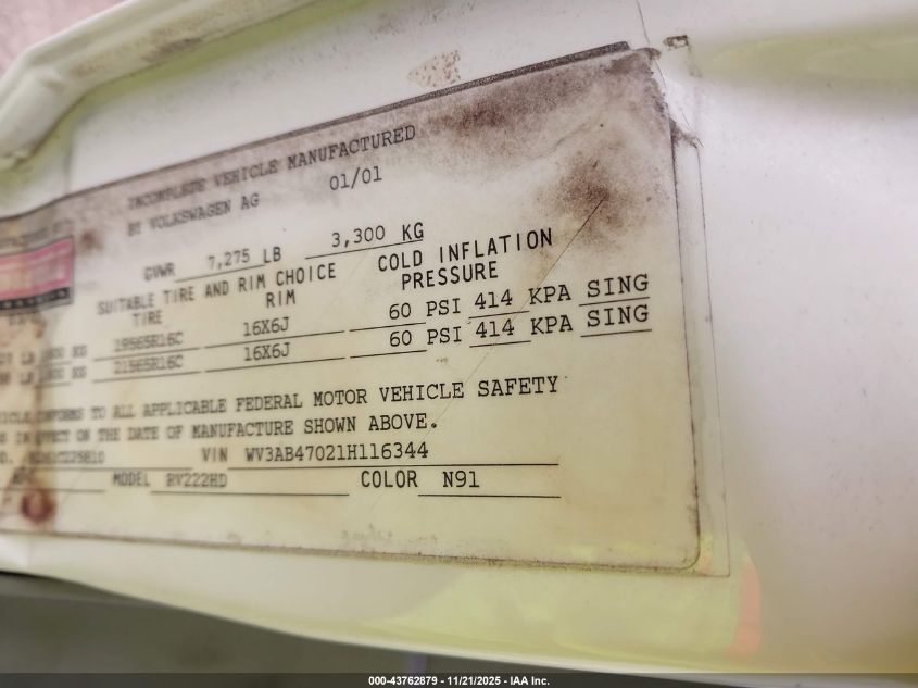 2001 Volkswagen Eurovan VIN: WV3AB47021H116344 Lot: 43762879