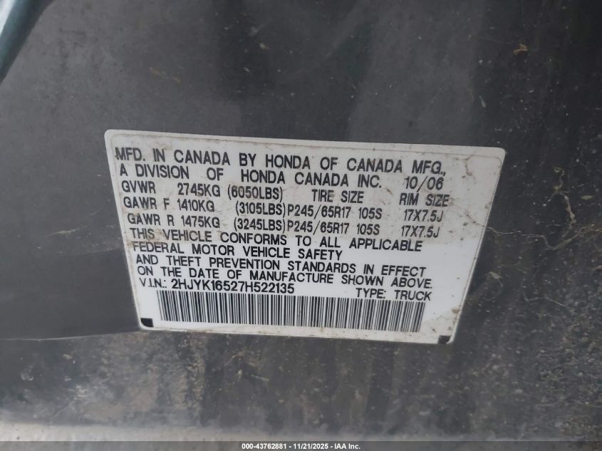 2007 Honda Ridgeline Rtl VIN: 2HJYK16527H522135 Lot: 43762881