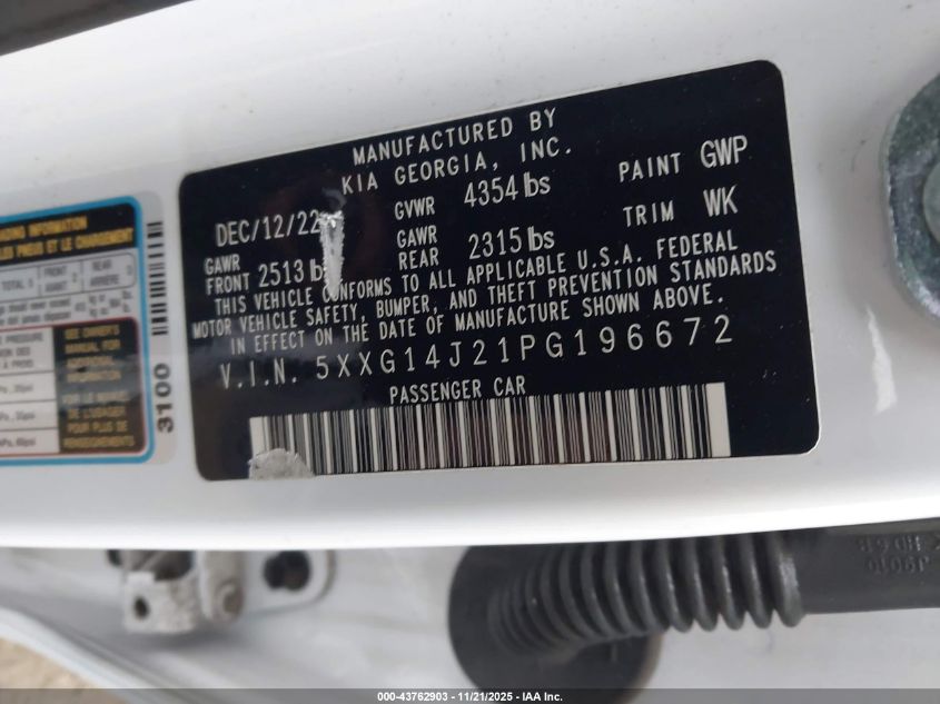 2023 Kia K5 Lxs VIN: 5XXG14J21PG196672 Lot: 43762903