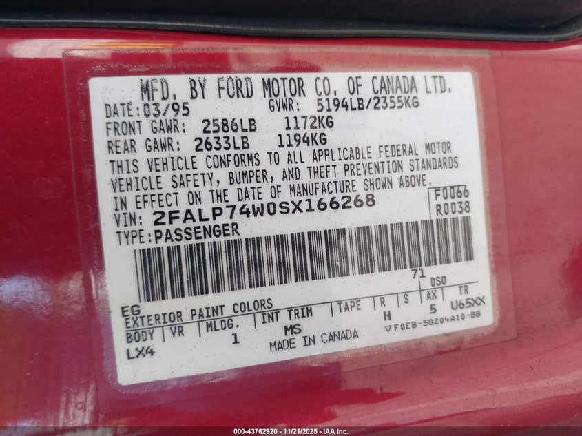 1995 Ford Crown Victoria Lx VIN: 2FALP74W0SX166268 Lot: 43762920