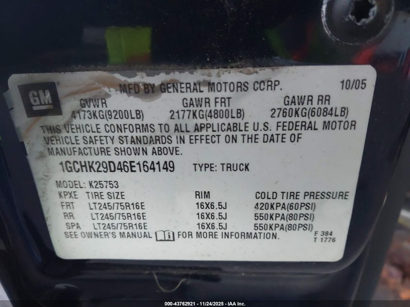 2006 Chevrolet Silverado 2500Hd Lt1 VIN: 1GCHK29D46E164149 Lot: 43762921