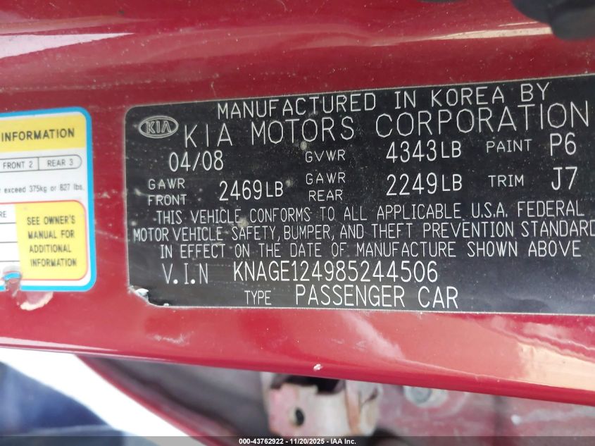 2008 Kia Optima Lx V6 VIN: KNAGE124985244506 Lot: 43762922