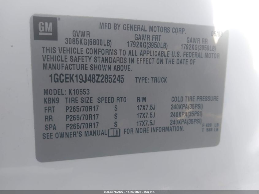 2008 Chevrolet Silverado 1500 Ltz VIN: 1GCEK19J48Z285245 Lot: 43762927