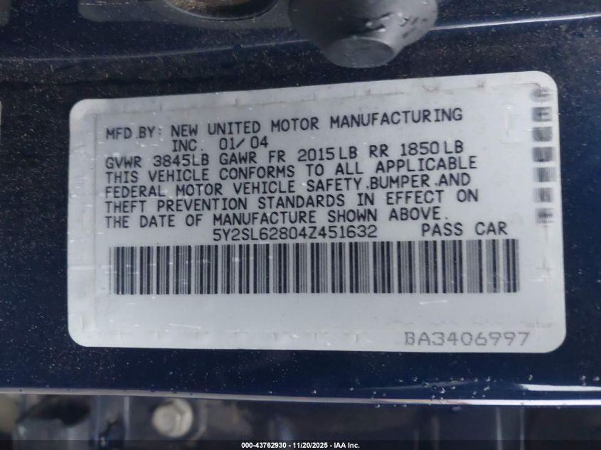 2004 Pontiac Vibe VIN: 5Y2SL62804Z451632 Lot: 43762930