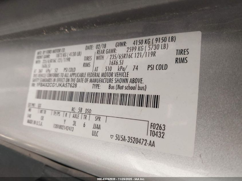 2018 Ford Transit-350 Xlt VIN: 1FBAX2CG1JKA57628 Lot: 43762939