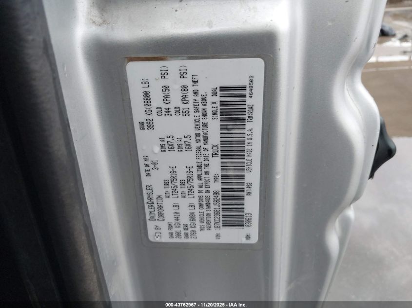 2001 Dodge Ram 2500 St VIN: 1B7KC23681J582498 Lot: 43762967