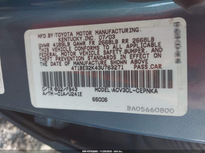 2003 Toyota Camry Le VIN: 4T1BE32K43U763271 Lot: 43762985