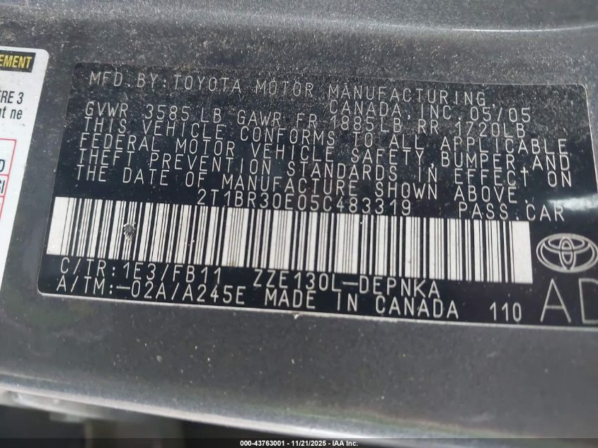 2005 Toyota Corolla Le VIN: 2T1BR30E05C483319 Lot: 43763001