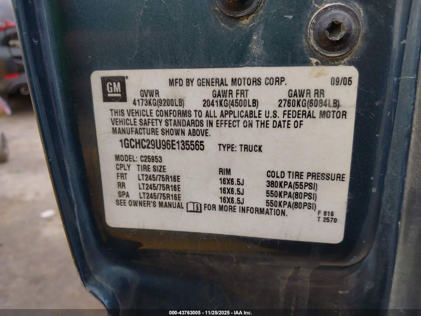 2006 Chevrolet Silverado 2500Hd Lt1 VIN: 1GCHC29U96E135565 Lot: 43763005
