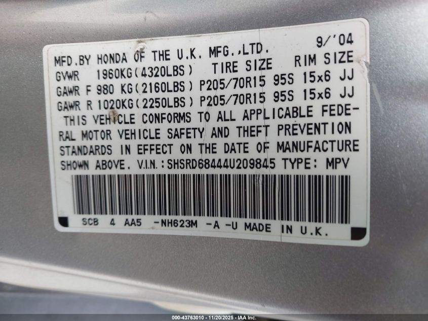 2004 Honda Cr-V Lx VIN: SHSRD68444U209845 Lot: 43763010