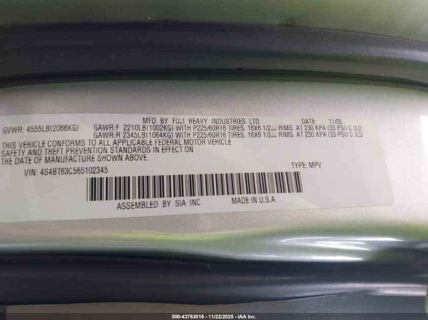 2006 Subaru Baja Turbo VIN: 4S4BT63C565102345 Lot: 43763016