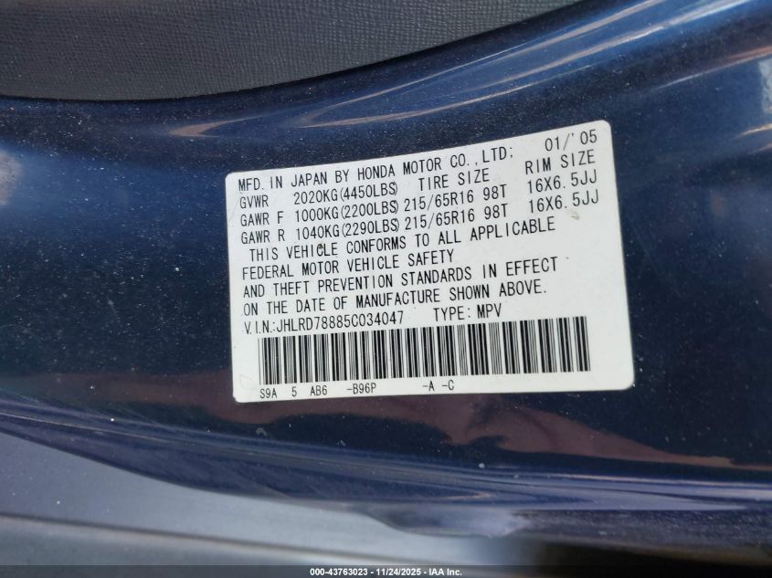 2005 Honda Cr-V Ex VIN: JHLRD78885C034047 Lot: 43763023