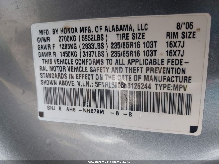 2006 Honda Odyssey Ex-L VIN: 5FNRL38656B126244 Lot: 43763025