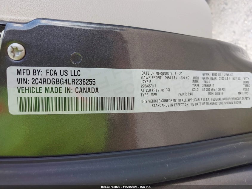 2020 Dodge Grand Caravan Se VIN: 2C4RDGBG4LR236255 Lot: 43763026