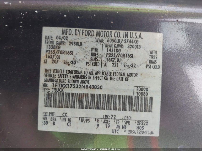 2002 Ford F-150 Xl/Xlt VIN: 1FTRX17232NB48830 Lot: 43763030