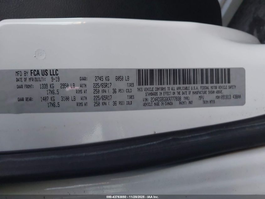 2019 Dodge Grand Caravan Se 35Th Anniversary Edition VIN: 2C4RDGBG6KR777838 Lot: 43763050