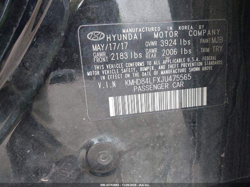 2018 Hyundai Elantra Value Edition VIN: KMHD84LFXJU475565 Lot: 43763063