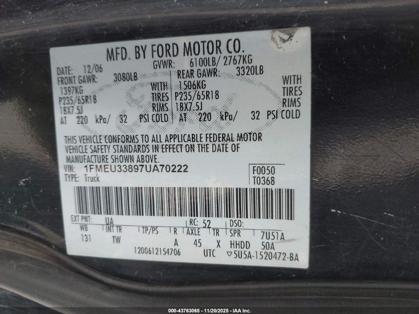 2007 Ford Explorer Sport Trac Limited VIN: 1FMEU33897UA70222 Lot: 43763068