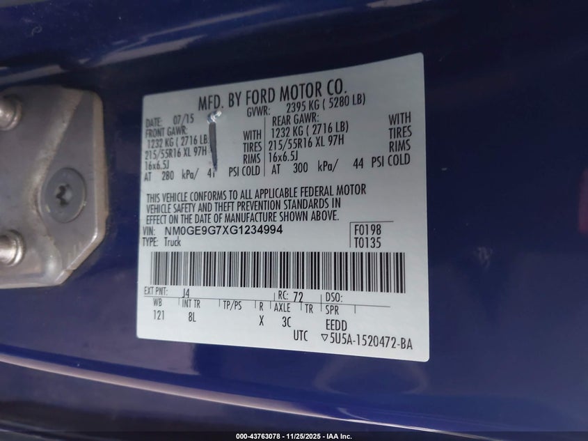 2016 Ford Transit Connect Titanium VIN: NM0GE9G7XG1234994 Lot: 43763078